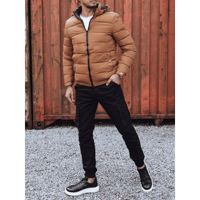 Férfi hosszú téli dzseki steppelt kapucnival sárga