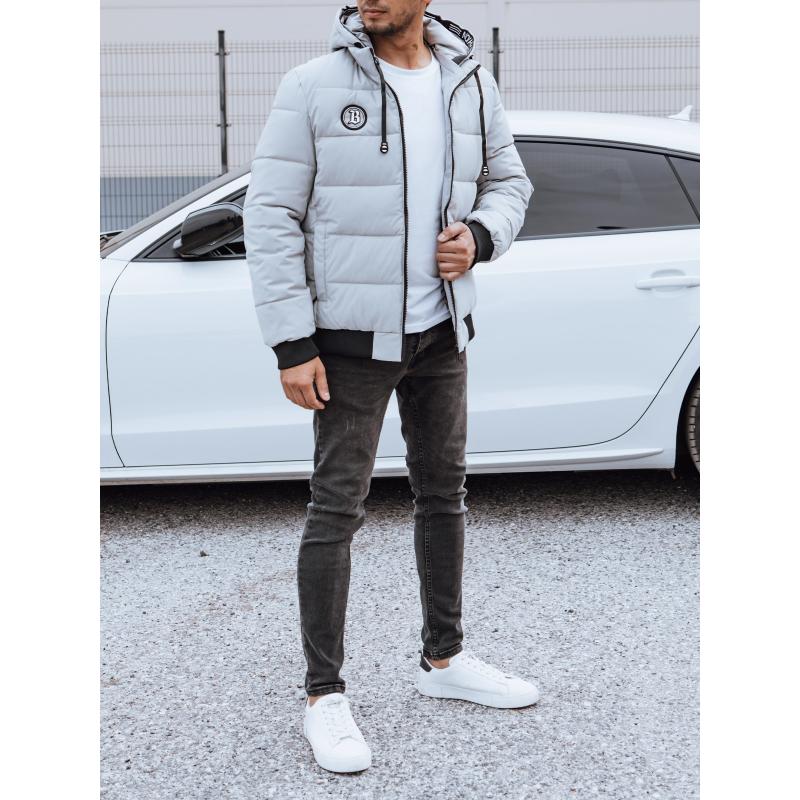 Férfi téli steppelt kabát kapucnival szürke