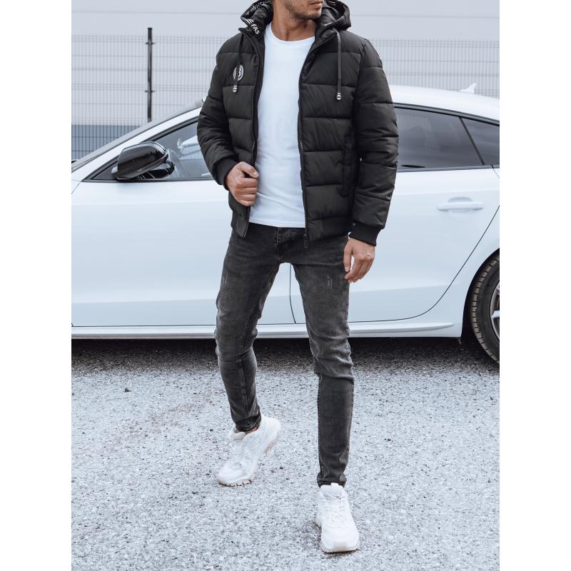 Férfi téli steppelt kabát kapucnival fekete