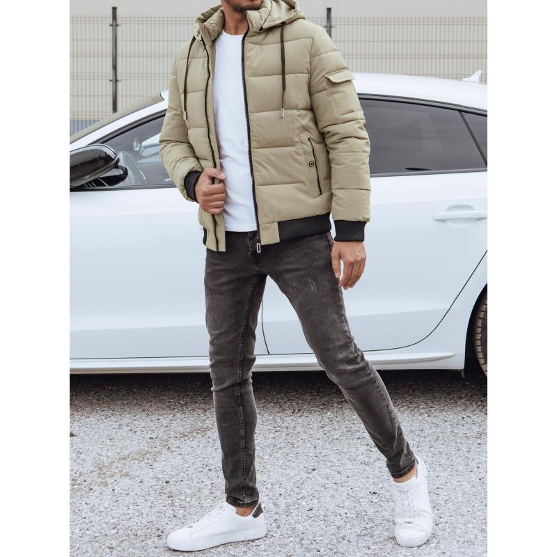 Férfi téli steppelt kabát kapucnival bézs színben