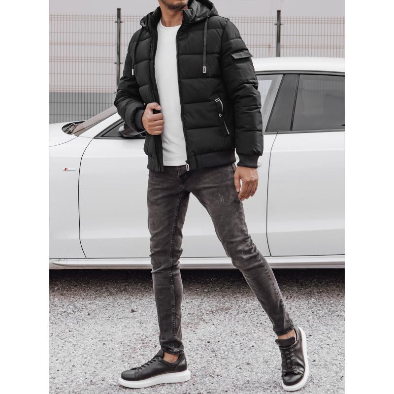 Férfi téli steppelt dzseki kapucnival fekete