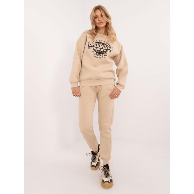 Női túlméretezett pulóver bézs színű nyomtatással