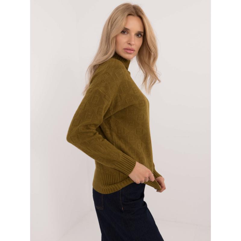 Dámský svetr s polovičním rolákem a žebrovaným lemem olivově zelený 