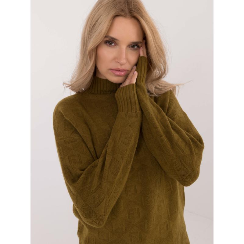 Dámský svetr s polovičním rolákem a žebrovaným lemem olivově zelený 