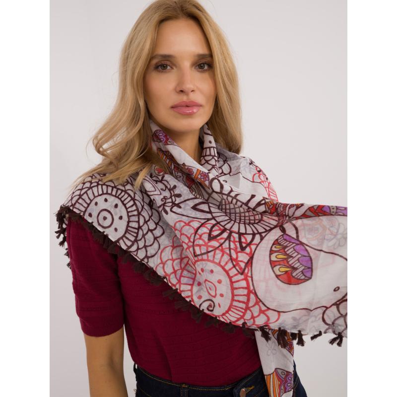 Dámská šála s třásněmi tmavě hnědá a červená