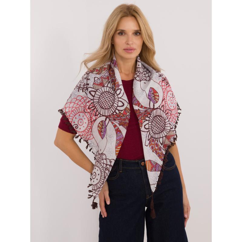 Dámská šála s třásněmi tmavě hnědá a červená
