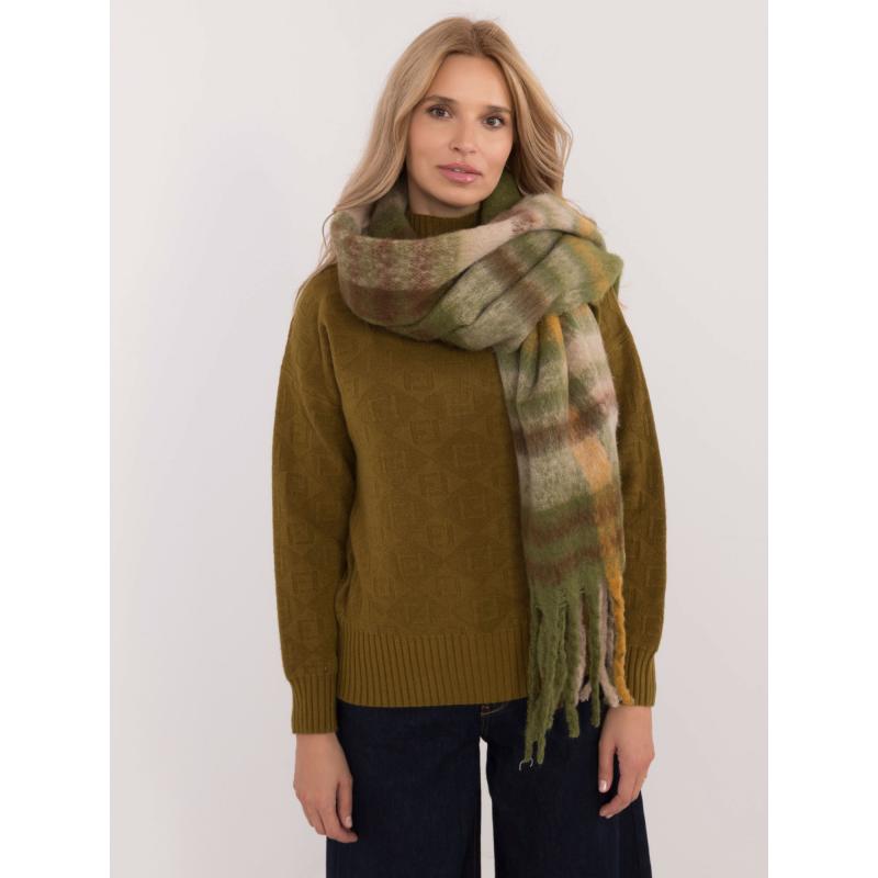 Dámská šála s třásněmi khaki-tmavě žlutá
