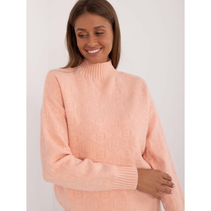 Dámský svetr s polovičním rolákem vzorovaný broskvový  
