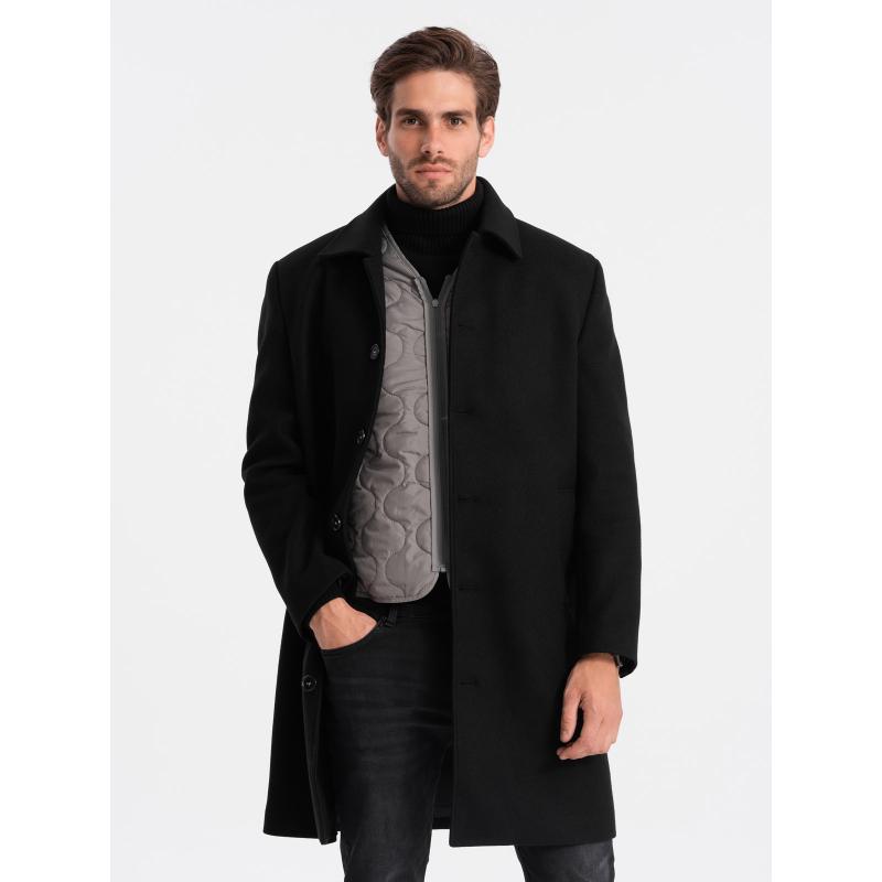 Pánský dlouhý jednořadový kabát s límcem a spodním pláštěm černý 