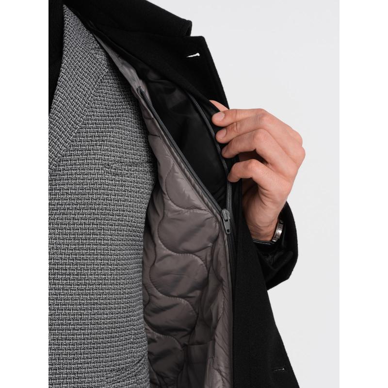 Pánský dlouhý jednořadový kabát s límcem a spodním pláštěm černý 