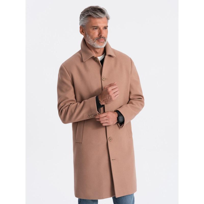 Pánský dlouhý jednořadový kabát s límcem a podkasanou košilí hnědý