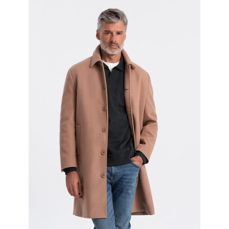 Pánský dlouhý jednořadový kabát s límcem a podkasanou košilí hnědý