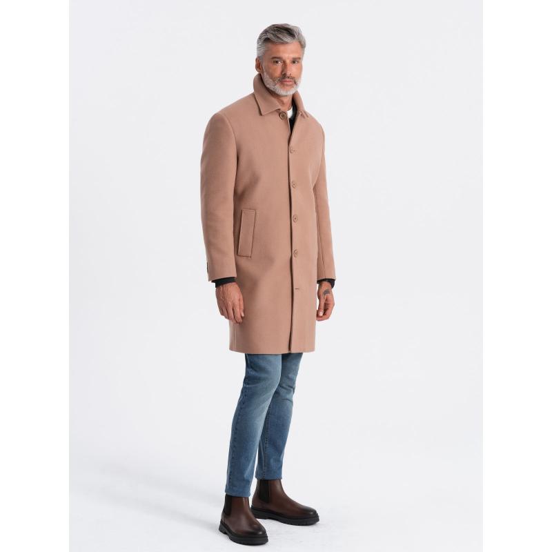 Pánský dlouhý jednořadový kabát s límcem a podkasanou košilí hnědý