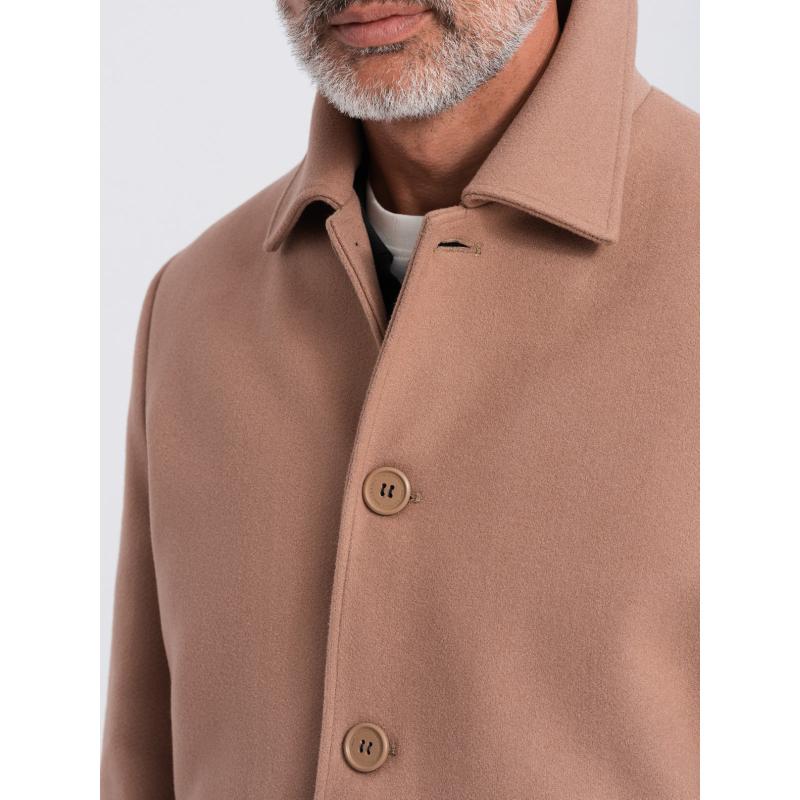 Pánský dlouhý jednořadový kabát s límcem a podkasanou košilí hnědý