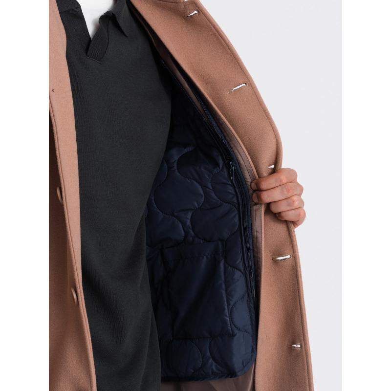 Pánský dlouhý jednořadový kabát s límcem a podkasanou košilí hnědý