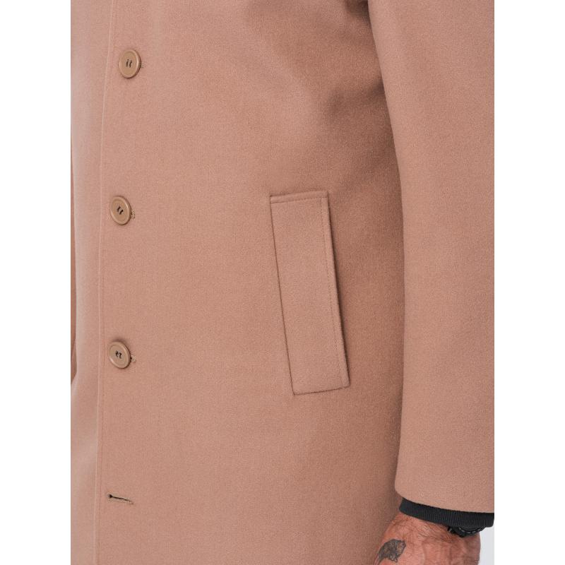 Pánský dlouhý jednořadový kabát s límcem a podkasanou košilí hnědý