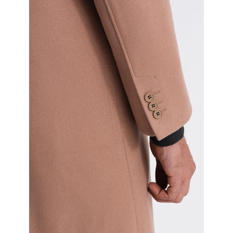 Pánský dlouhý jednořadový kabát s límcem a podkasanou košilí hnědý