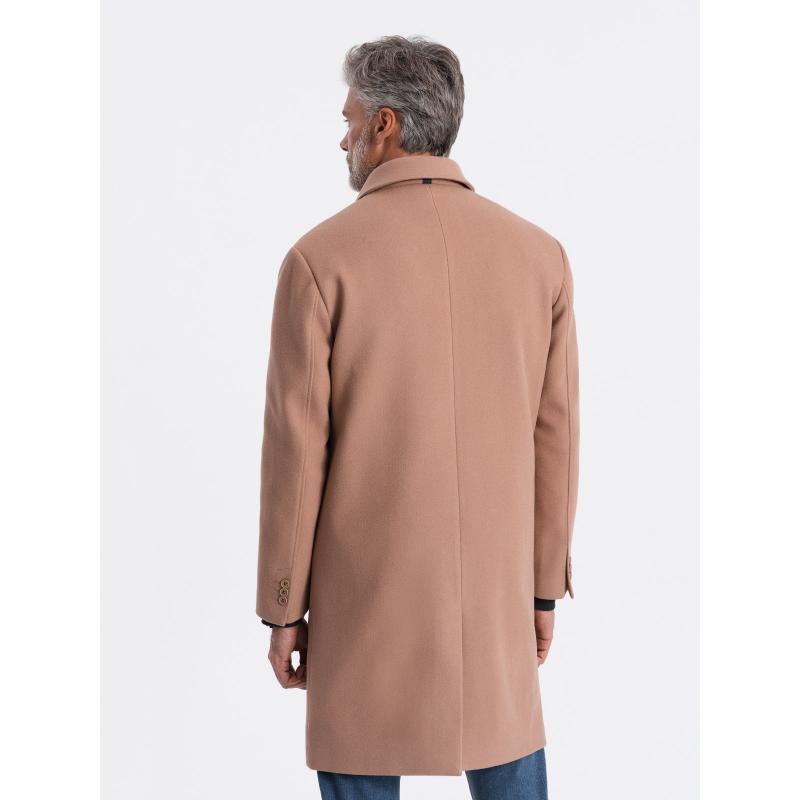 Pánský dlouhý jednořadový kabát s límcem a podkasanou košilí hnědý