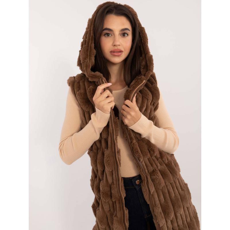 Dámská vesta s kožešinovou podšívkou a zapínáním na zip hnědá 
