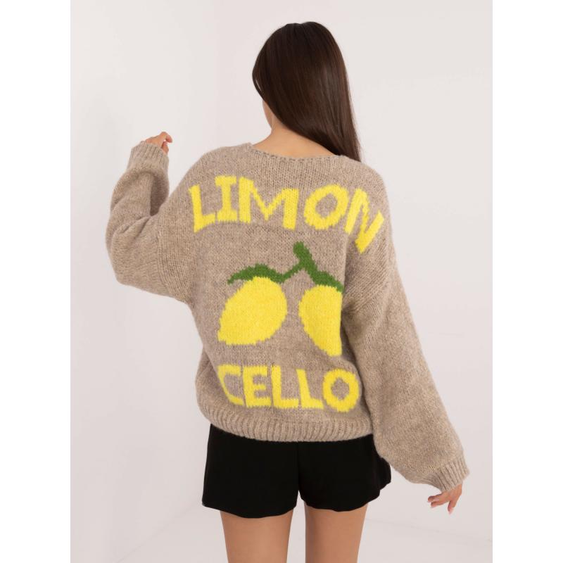 Dámský svetr s potiskem na zádech pruhovaný béžový 