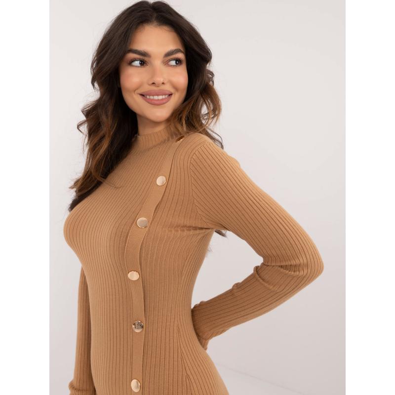 Dámské šaty s polovičním rolákem přiléhavé úpletové hnědé