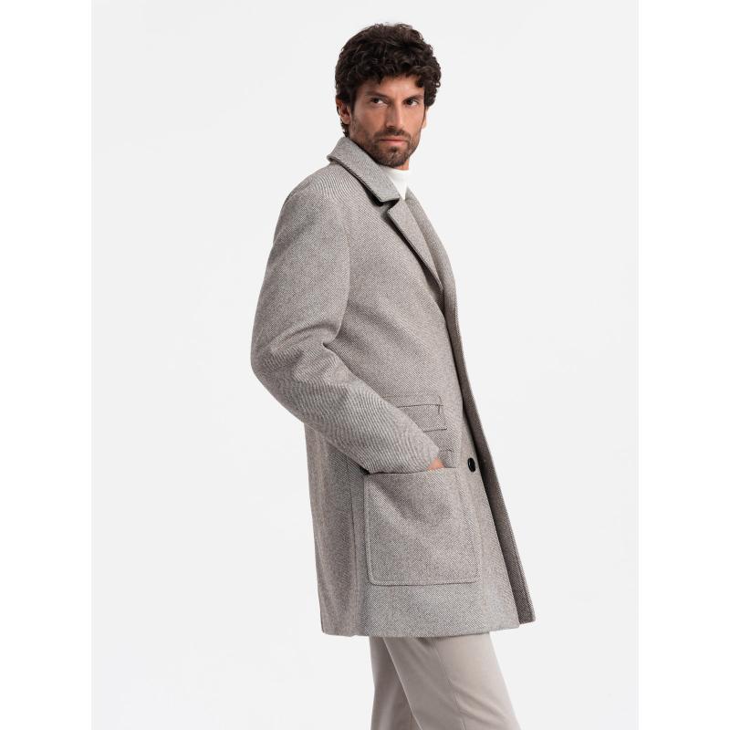 Pánský kabát s kapsami Vzorovaný jednořadý popel
