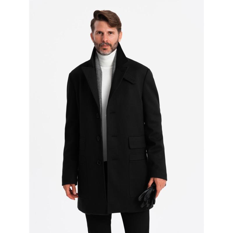 Pánsky vzorovaný jednoradový kabát s vreckami čierny