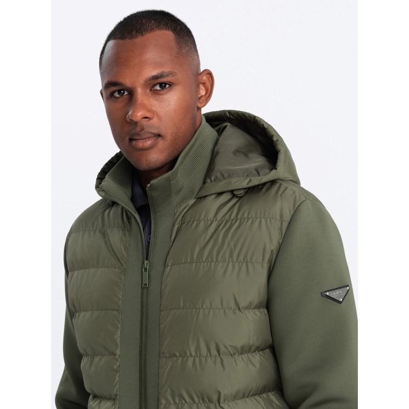 Męska pikowana kurtka bomberka z wysokim kołnierzem ciemnozielony oliwkowy