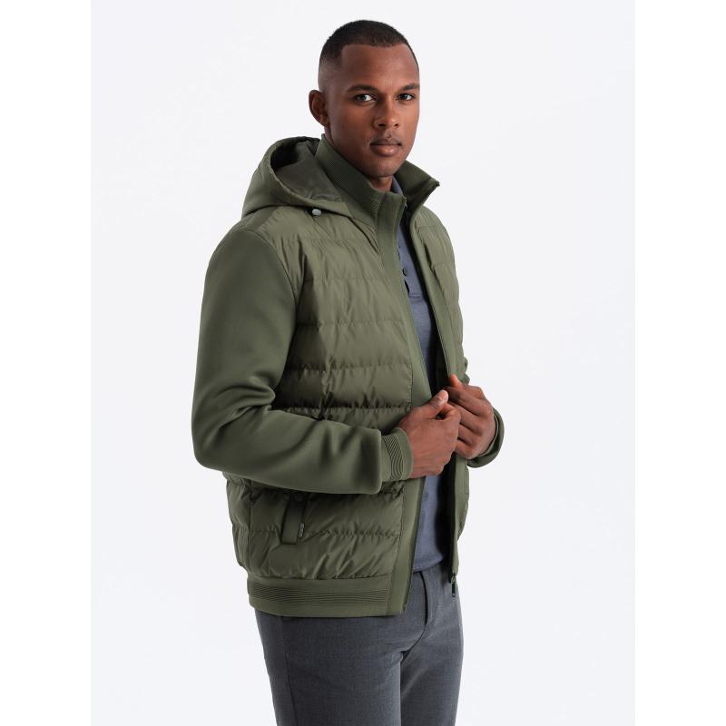Męska pikowana kurtka bomberka z wysokim kołnierzem ciemnozielony oliwkowy