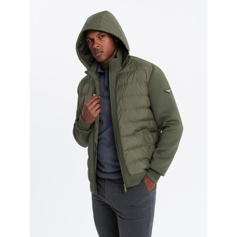 Męska pikowana kurtka bomberka z wysokim kołnierzem ciemnozielony oliwkowy
