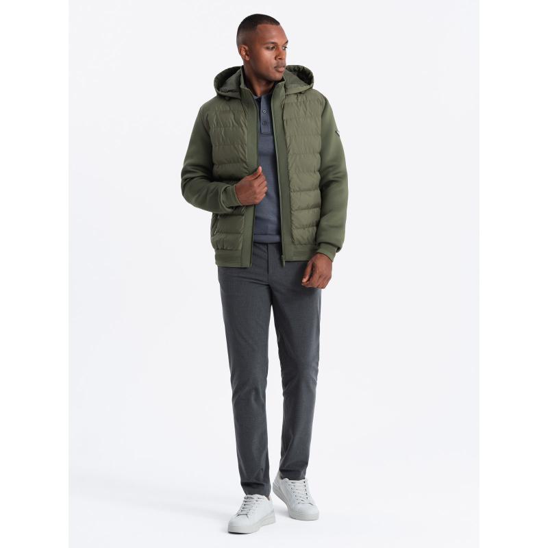 Męska pikowana kurtka bomberka z wysokim kołnierzem ciemnozielony oliwkowy