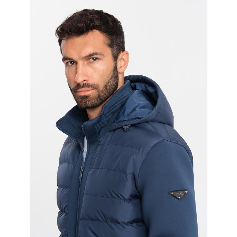 Pánska prešívaná bunda bomber s vysokým golierom tmavomodrá