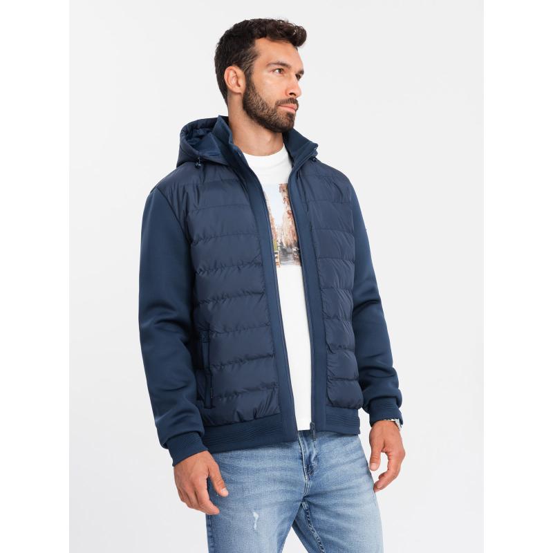 Pánska prešívaná bunda bomber s vysokým golierom tmavomodrá