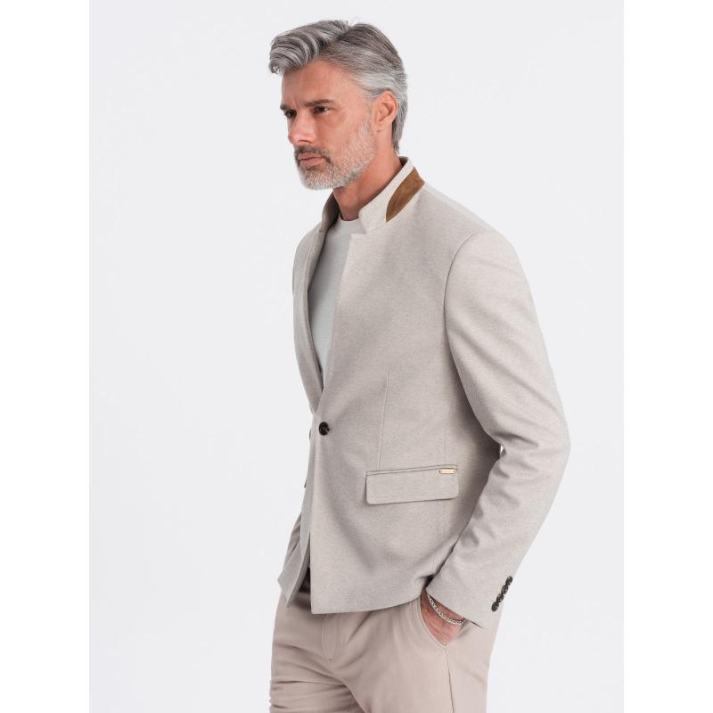 Férfi melange bőrdzseki állógallérral bézs melange