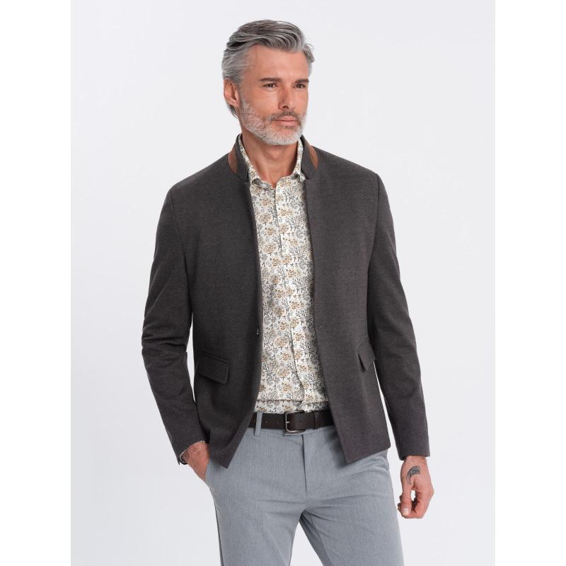 Férfi melange műselyem dzseki állógallérral fekete melange