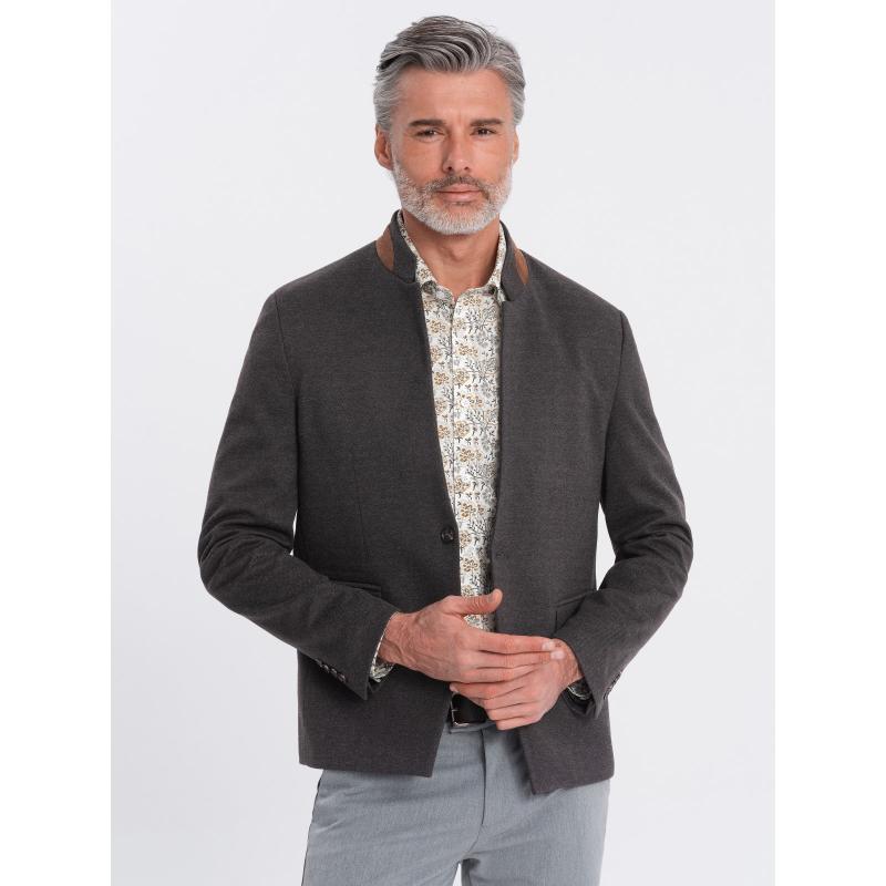 Férfi melange műselyem dzseki állógallérral fekete melange