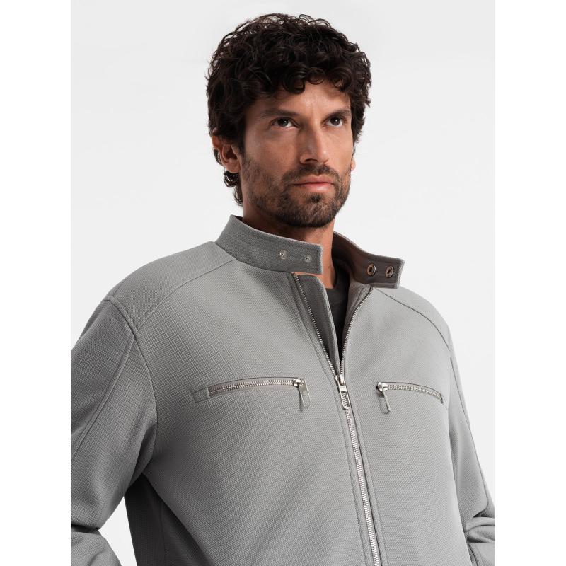 Pánská motorkářská bunda s kapsami a límcem šedá