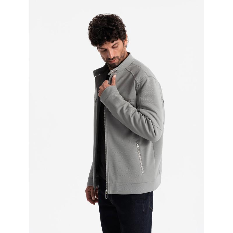 Pánská motorkářská bunda s kapsami a límcem šedá