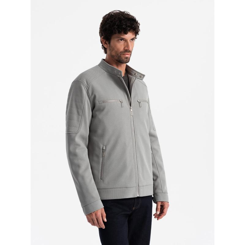 Pánská motorkářská bunda s kapsami a límcem šedá