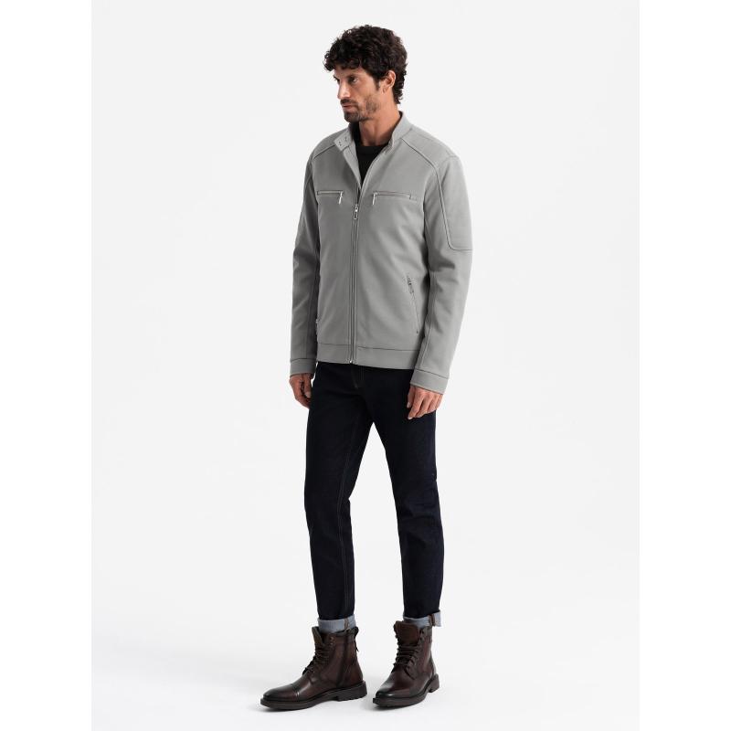 Pánská motorkářská bunda s kapsami a límcem šedá