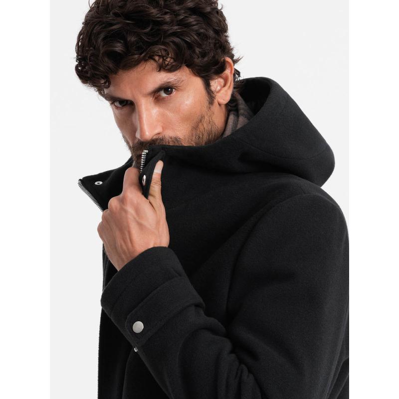 Pánský dlouhý jednobarevný kabát s kapucí černý