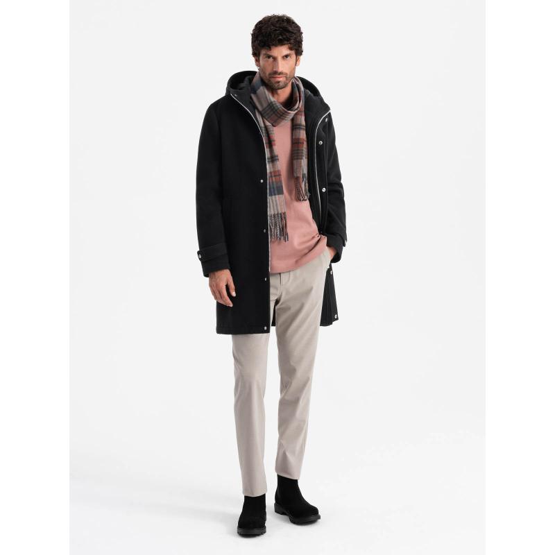 Pánský dlouhý jednobarevný kabát s kapucí černý