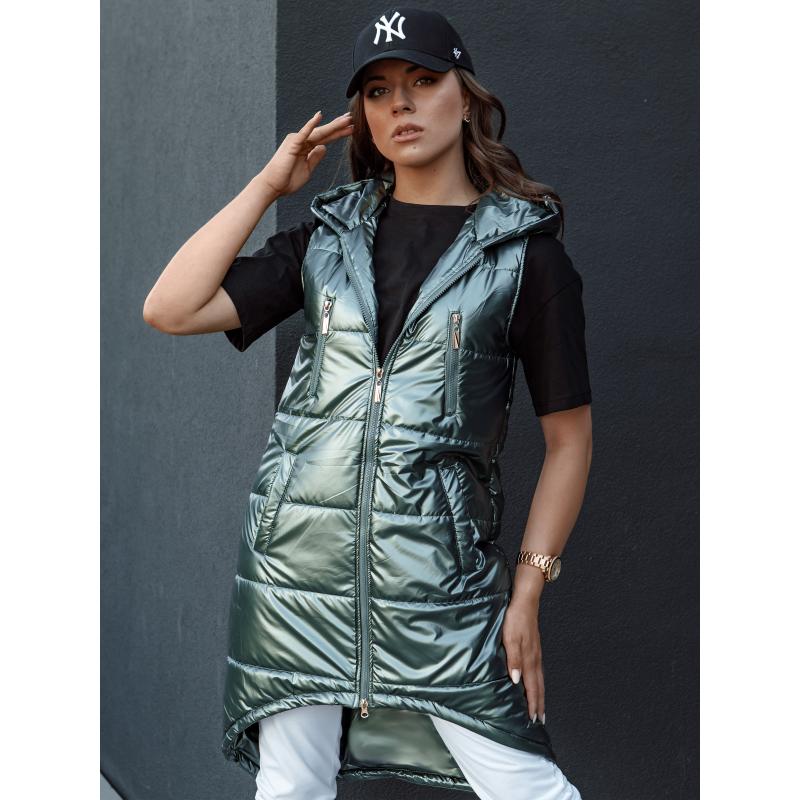 Dámská dlouhá prošívaná vesta s kapucí MERIS tmavě zelená