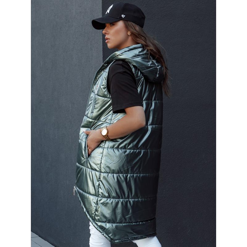 Dámská dlouhá prošívaná vesta s kapucí MERIS tmavě zelená