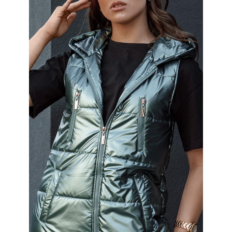 Dámská dlouhá prošívaná vesta s kapucí MERIS tmavě zelená