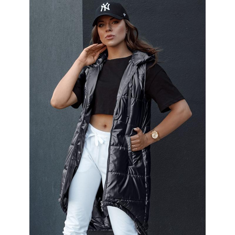 Dámská dlouhá prošívaná vesta s kapucí MERIS černá