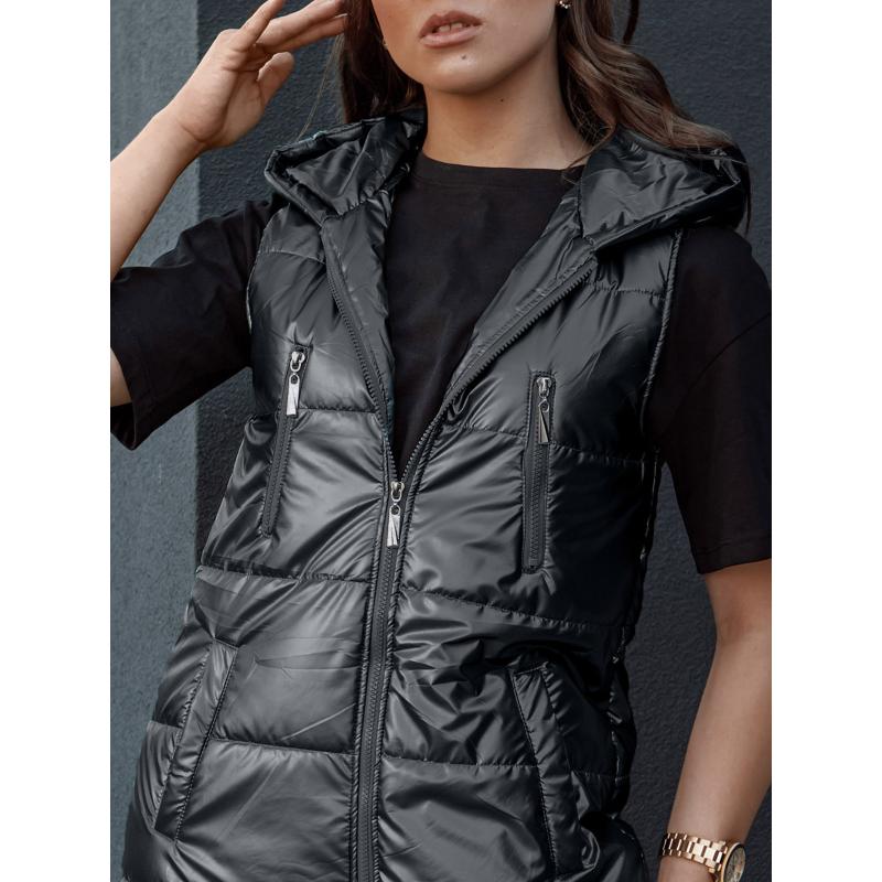 Dámská dlouhá prošívaná vesta s kapucí MERIS černá