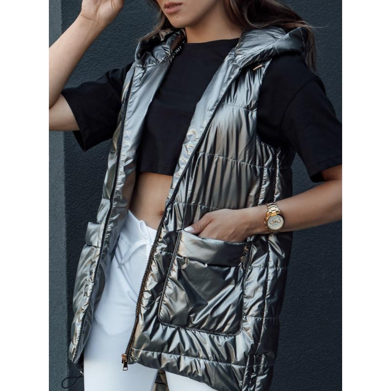 Dámská dlouhá prošívaná vesta s kapucí JESS tmavě šedá