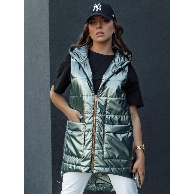 Dámská dlouhá prošívaná vesta s kapucí JESS zelená