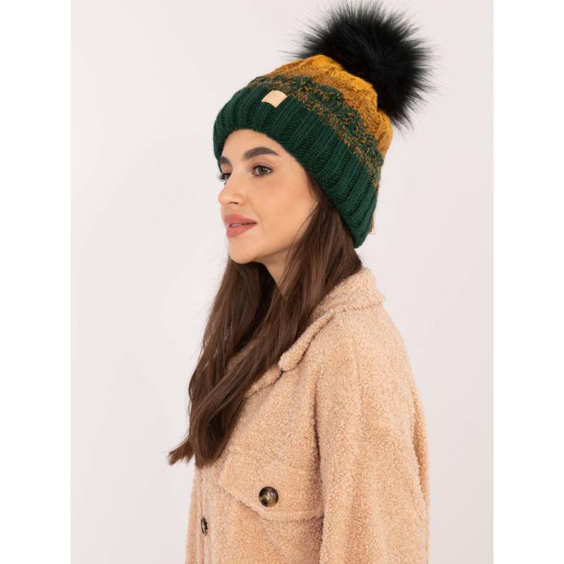 Dámská čepice s bambulí RUE PARIS tmavě zeleno-hořčicová
